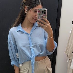 Sky Blue Button-Down Tie-Front Shirt